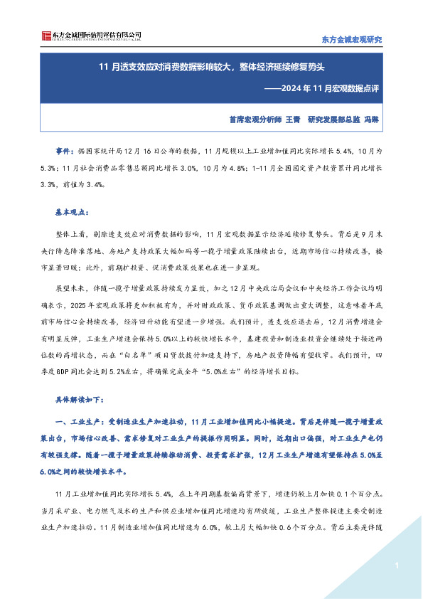 2024年11月宏观数据点评：11月透支效应对消费数据影响较大，整体经济延续修复势头