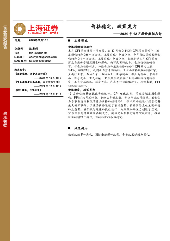 2024年12月物价数据点评：价格稳定，政策发力