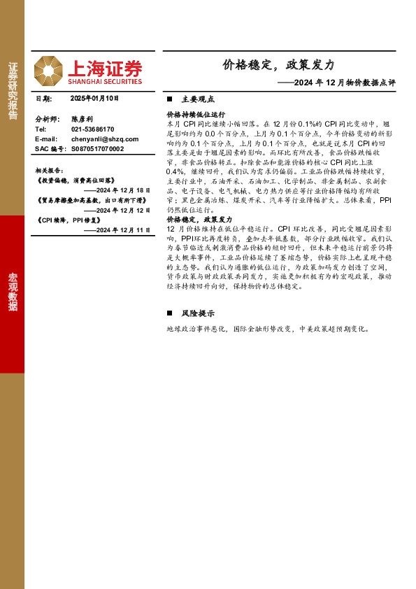 2024年12月物价数据点评：价格稳定，政策发力