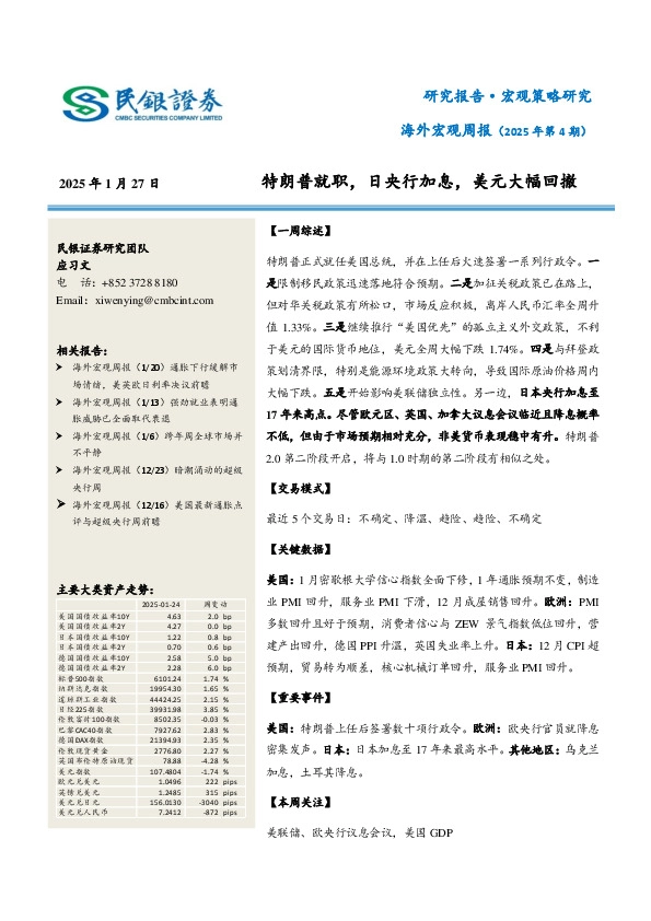 海外宏观周报（2025年第4期）：特朗普就职，日央行加息，美元大幅回撤