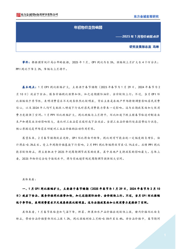 2025年1月物价数据点评：年初物价走势偏弱