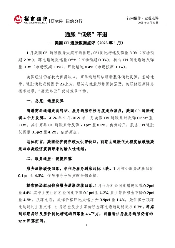 美国CPI通胀数据点评（2025年1月）：通胀“低烧”不退