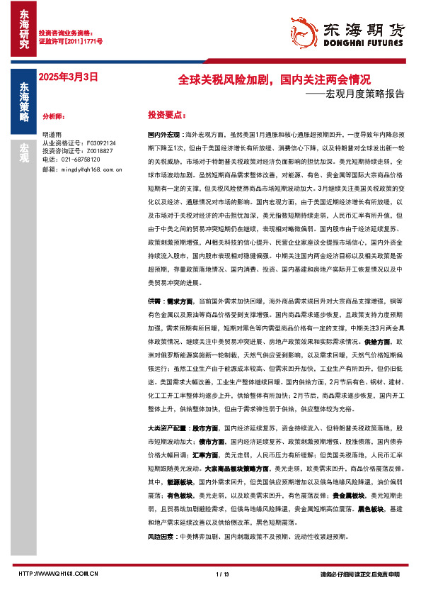 宏观月度策略报告：全球关税风险加剧，国内关注两会情况