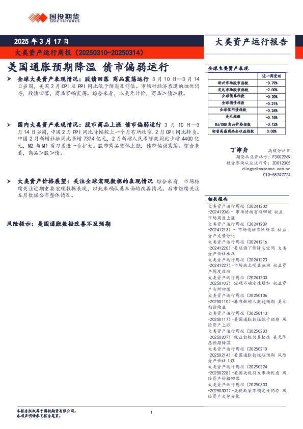 大类资产运行周报：美国通胀预期降温 债市偏弱运行