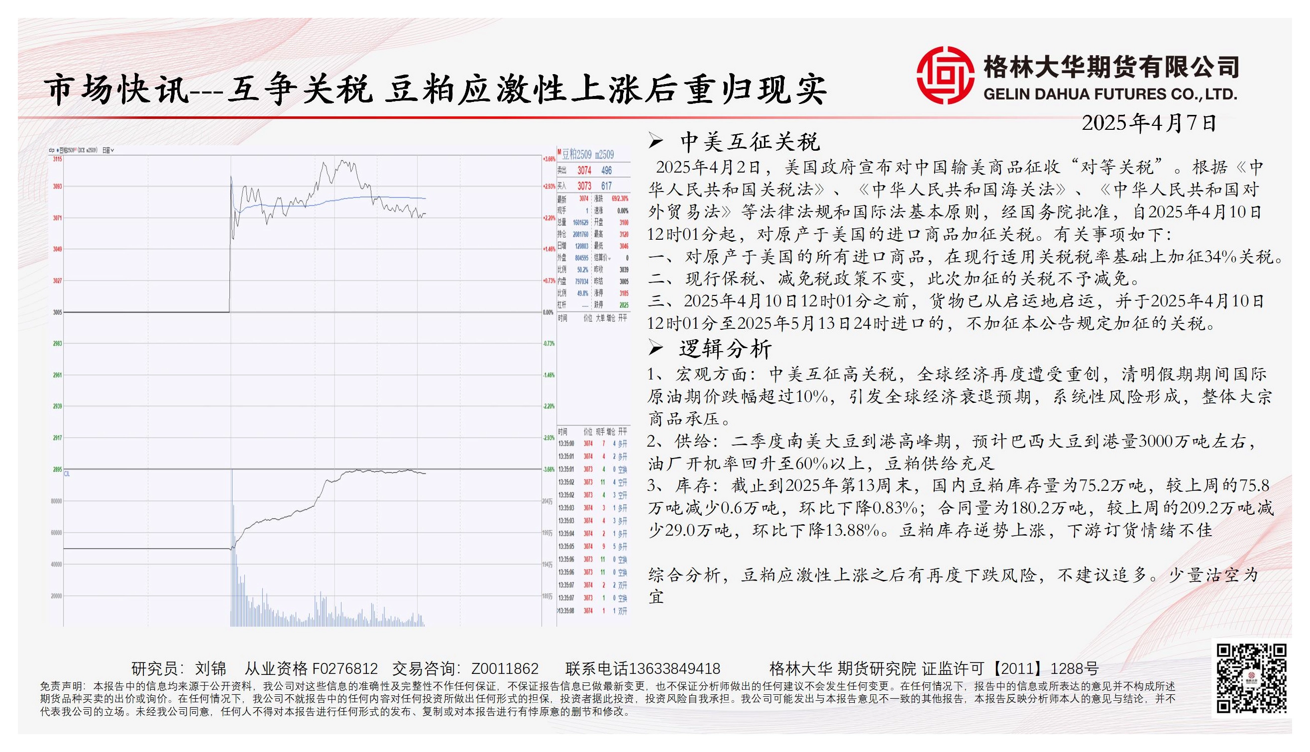 市场快讯：互争关税 豆粕应激性上涨后重归现实