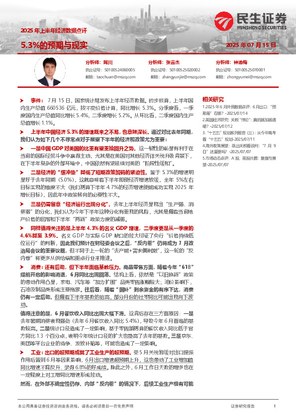2025年上半年经济数据点评：5.3%的预期与现实