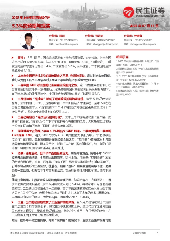 2025年上半年经济数据点评：5.3%的预期与现实