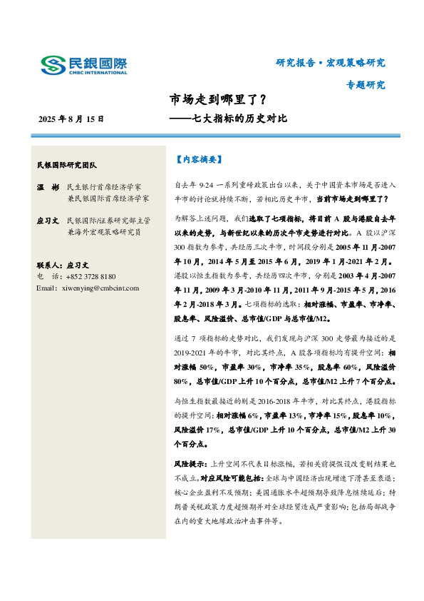 七大指标的历史对比：市场走到哪里了？