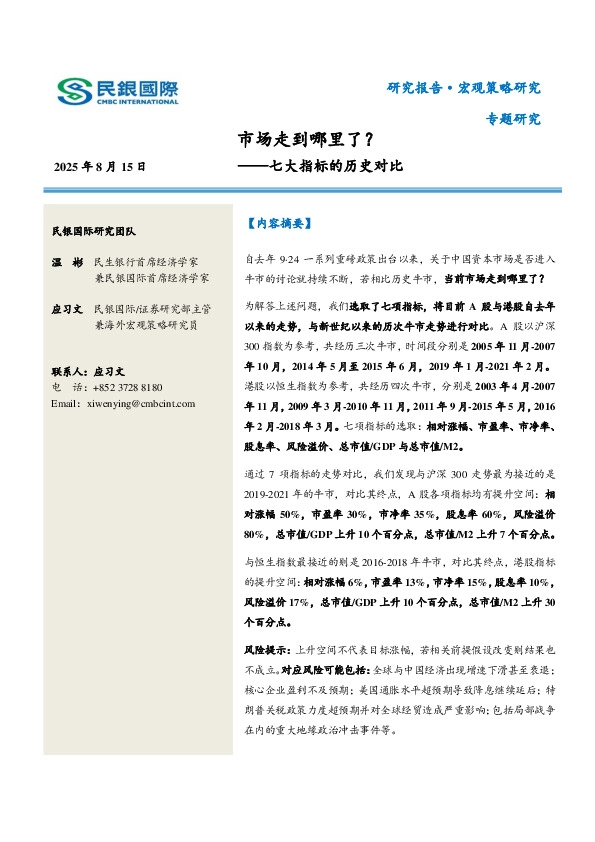 七大指标的历史对比：市场走到哪里了？
