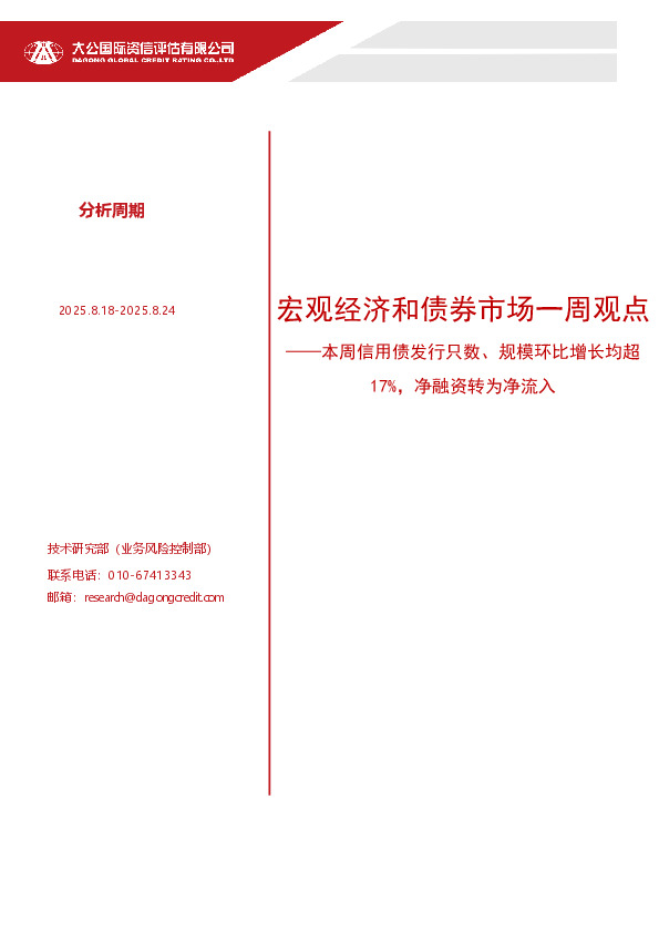 宏观经济和债券市场一周观点：本周信用债发行只数、规模环比增长均超17%，净融资转为净流入