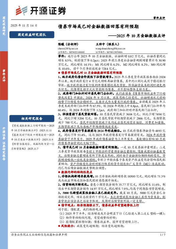 2025年10月金融数据点评：债券市场或已对金融数据回落有所预期
