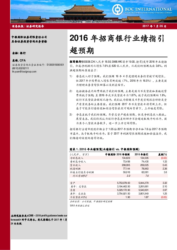 2016年招商银行业绩指引超预期