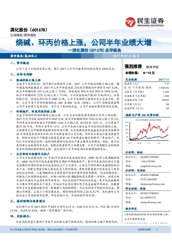 点评报告：烧碱、环丙价格上涨，公司半年业绩大增