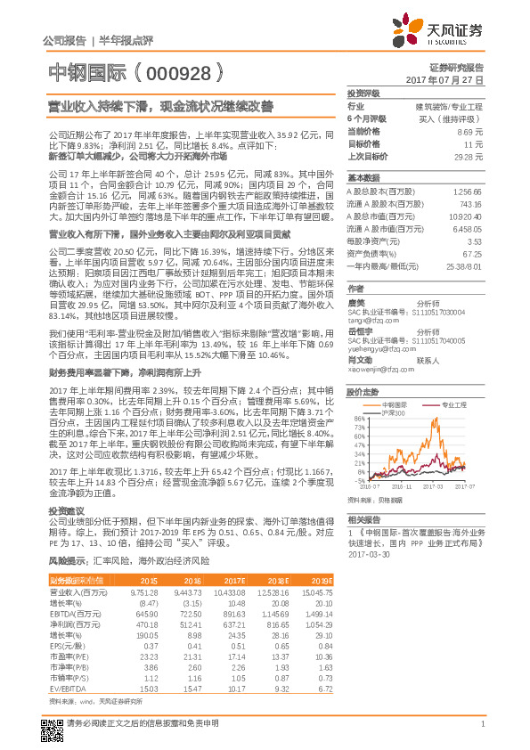营业收入持续下滑，现金流状况继续改善