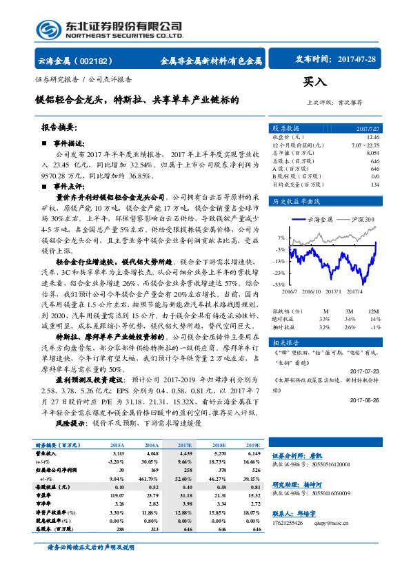 镁铝轻合金龙头，特斯拉、共享单车产业链标的