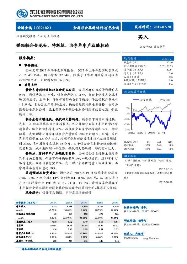 镁铝轻合金龙头，特斯拉、共享单车产业链标的