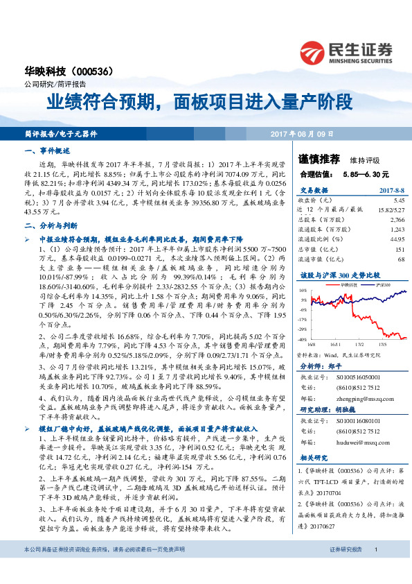 业绩符合预期，面板项目进入量产阶段