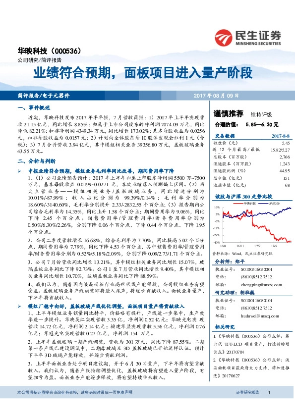 业绩符合预期，面板项目进入量产阶段