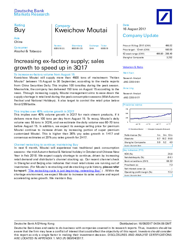 Increasing ex-factory supply; sales growth to speed up in 3Q17