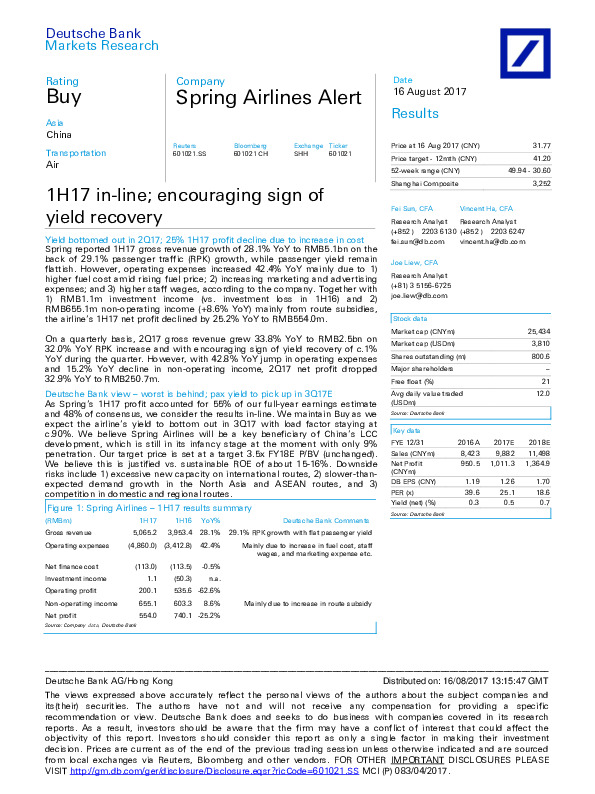1H17 in-line; encouraging sign of yield recovery
