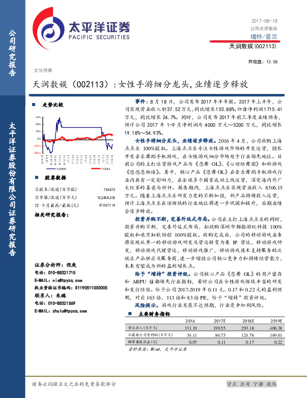 女性手游细分龙头，业绩逐步释放