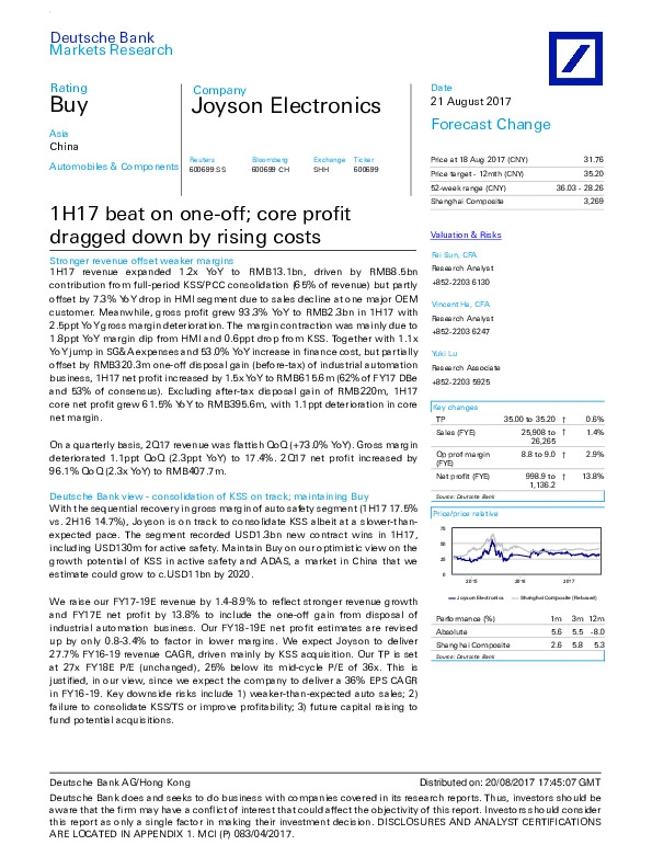 1H17 beat on one-off; core profit dragged down by rising costs