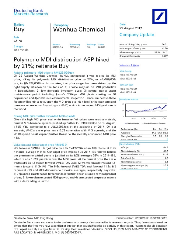 Polymeric MDI distribution ASP hiked by 21%; reiterate Buy