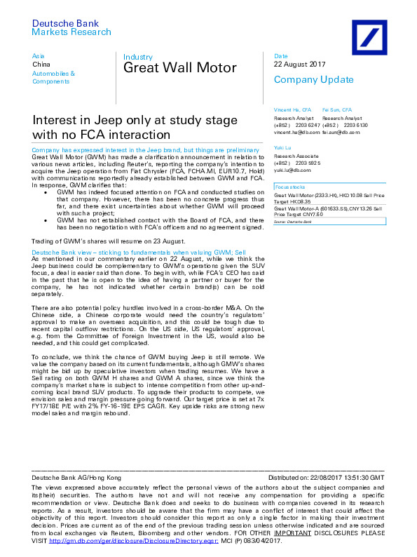 Interest in Jeep only at study stage with no FCA interaction