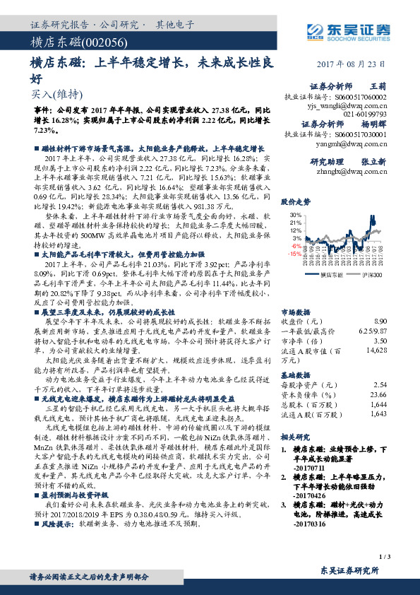 横店东磁：上半年稳定增长，未来成长性良好
