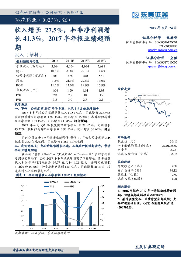 收入增长27.5%，扣非净利润增长41.3%，2017半年报业绩超预期