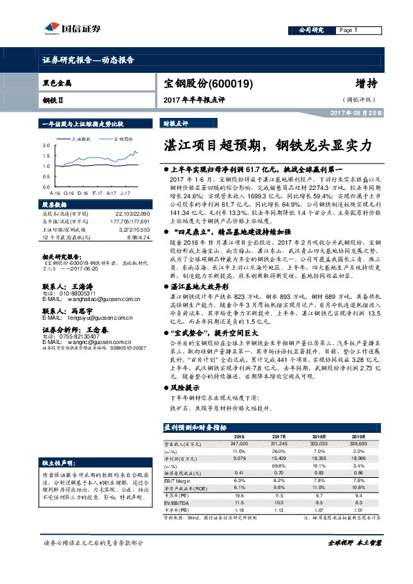 2017年半年报点评：湛江项目超预期，钢铁龙头显实力