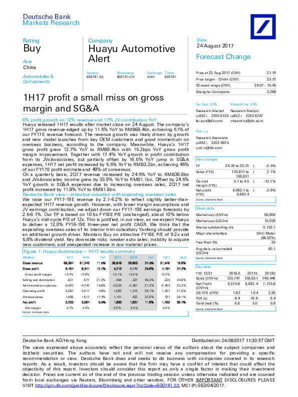 1H17 profit a small miss on gross margin and SG&A