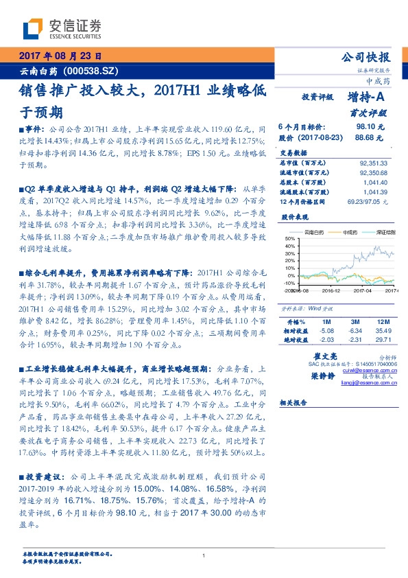 销售推广投入较大，2017H1业绩略低于预期