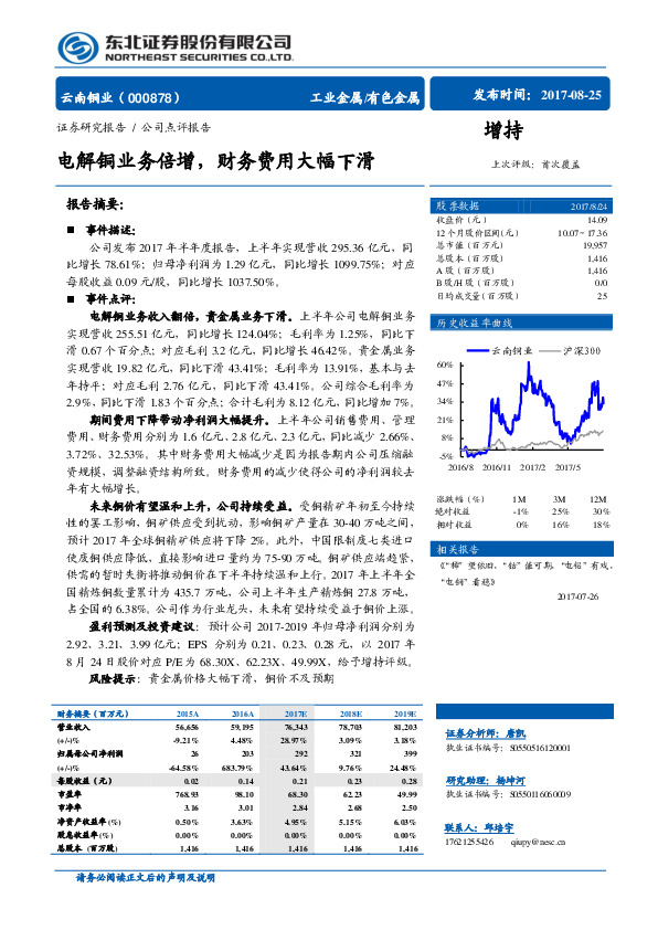 电解铜业务倍增，财务费用大幅下滑