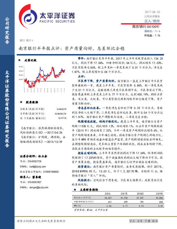 南京银行半年报点评：资产质量向好，息差环比企稳
