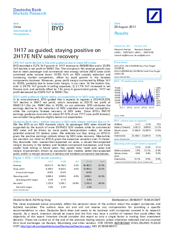 1H17 as guided; staying positive on 2H17E NEV sales recovery