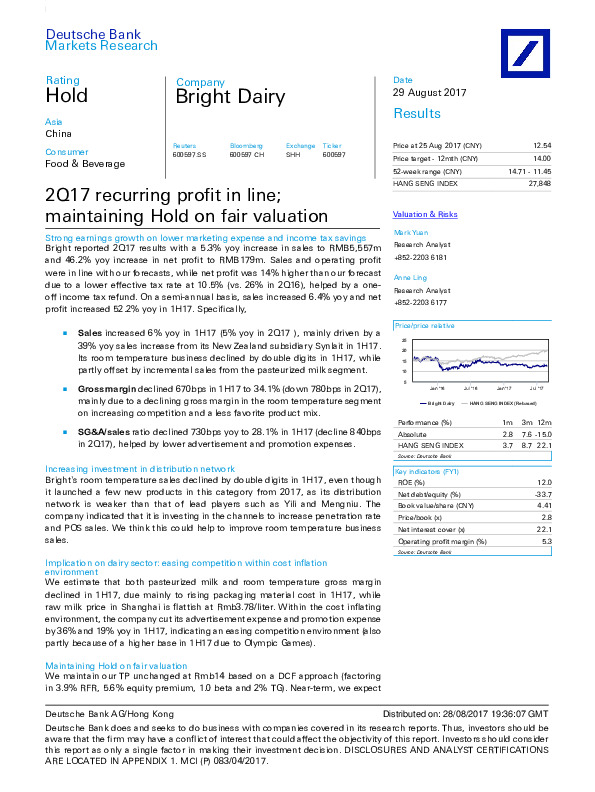 2Q17 recurring profit in line;maintaining Hold on fair valuation