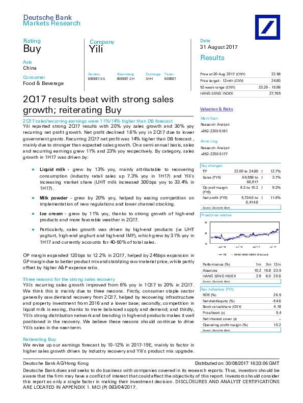 2Q17 results beat with strong sales growth; reiterating Buy