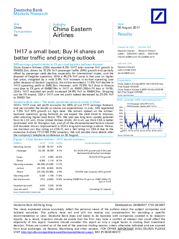 1H17 a small beat; Buy H shares on better traffic and pricing outlook