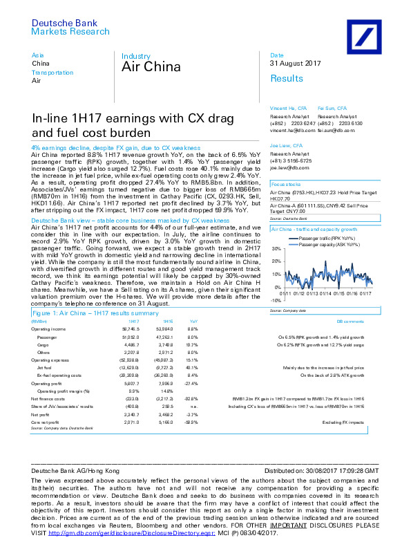 In-line 1H17 earnings with CX drag and fuel cost burden