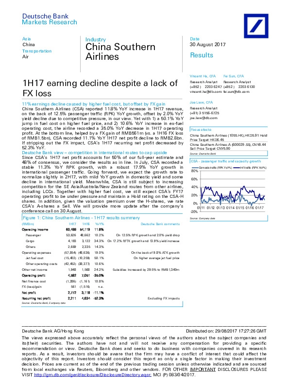1H17 earning decline despite a lack of FX loss