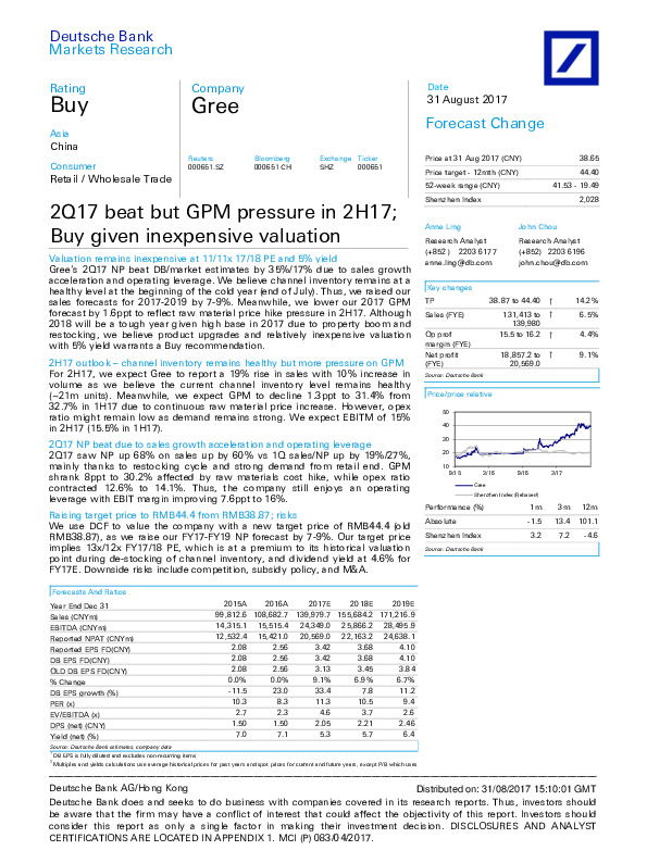 2Q17 beat but GPM pressure in 2H17; Buy given inexpensive valuation