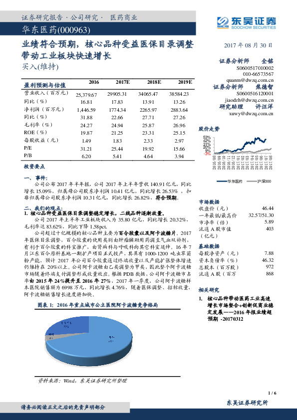 业绩符合预期，核心品种受益医保目录调整带动工业板块快速增长