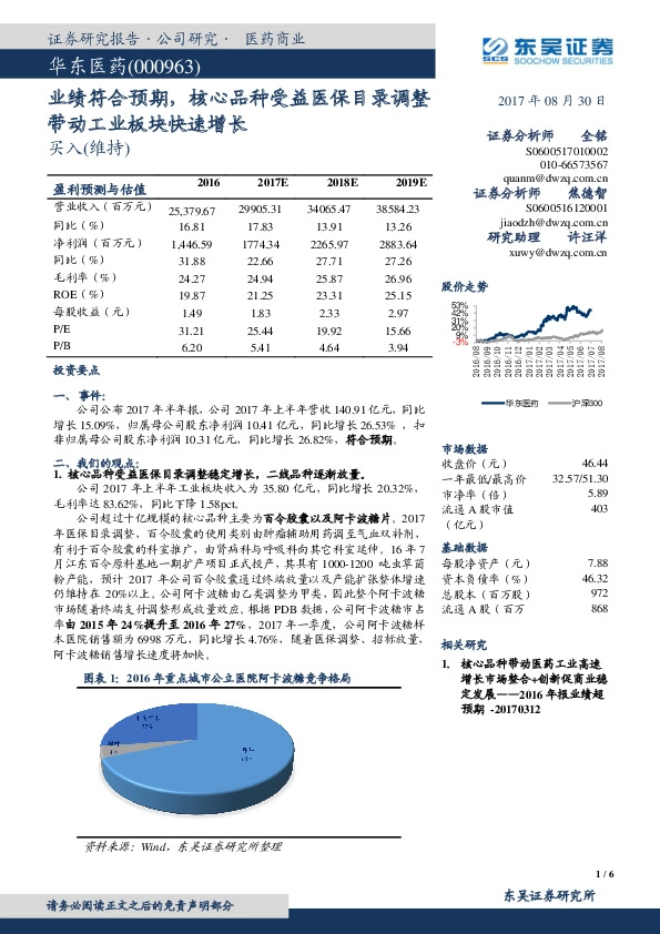 业绩符合预期，核心品种受益医保目录调整带动工业板块快速增长