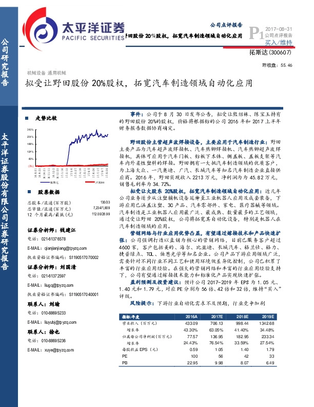 拟受让野田股份20%股权，拓宽汽车制造领域自动化应用