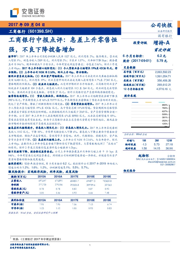 工商银行中报点评：息差上升零售恒强，不良下降拨备增加