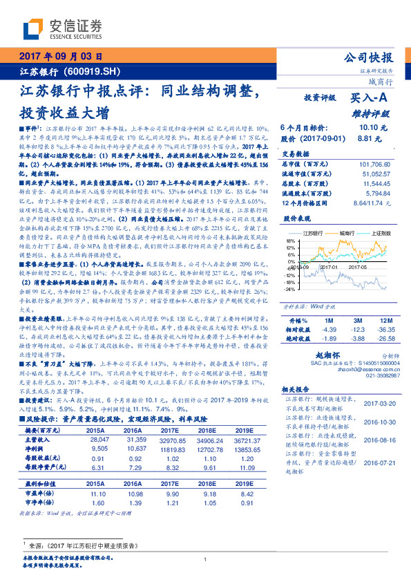 江苏银行中报点评：同业结构调整，投资收益大增