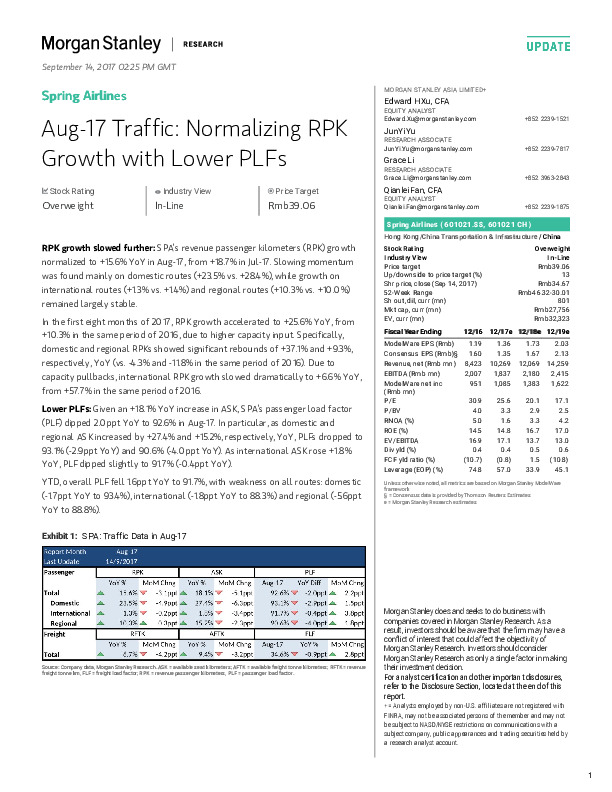 Aug-17 Traffic: Normalizing RPK Growth with Lower PLFs
