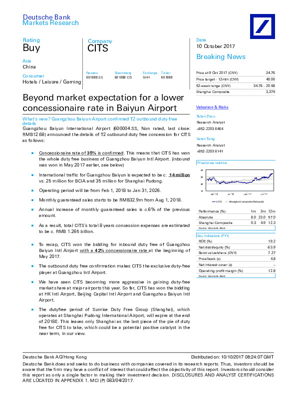 Beyond market expectation for a lower concessionaire rate in Baiyun Airport
