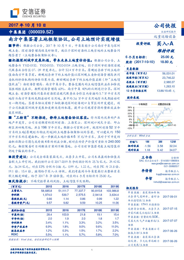南方中集签署土地框架协议，公司土地预计实现增值